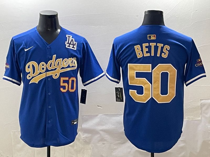 Men Los Angeles Dodgers #50 Betts Blue Champion gold character 2025 Nike MLB Jersey style 4122->los angeles dodgers->MLB Jersey